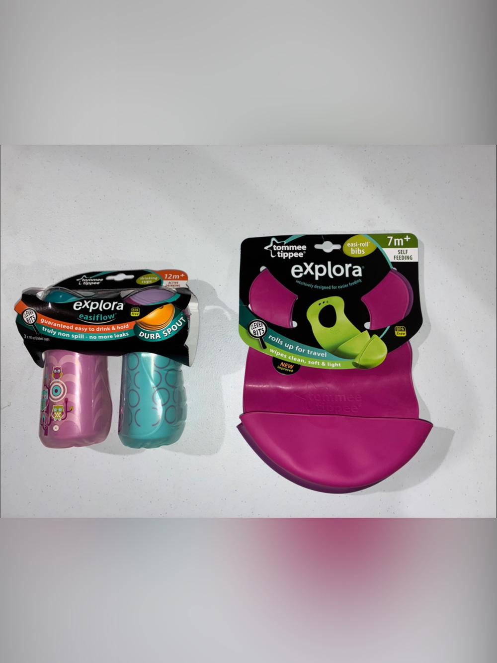 Tommee Tippee Pink & Purple Silicone Bib & Pink/Teal Dura Spout Cups Set